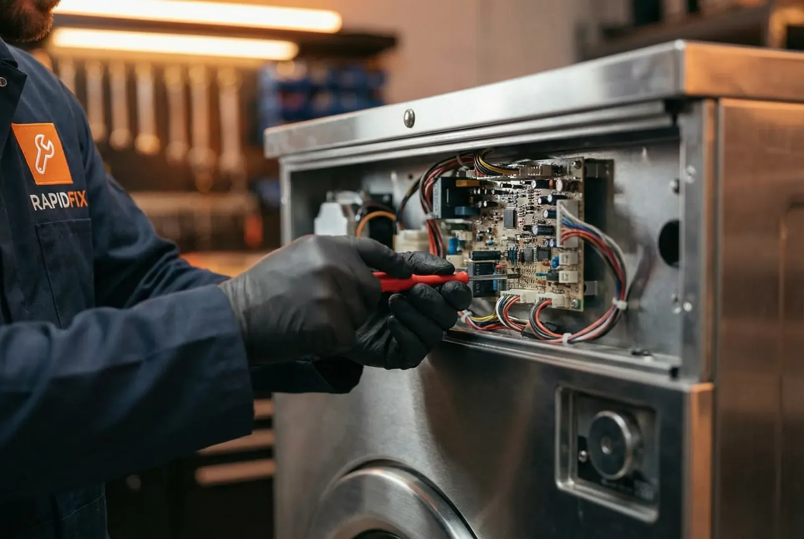 Close-up appliance control-board repair work