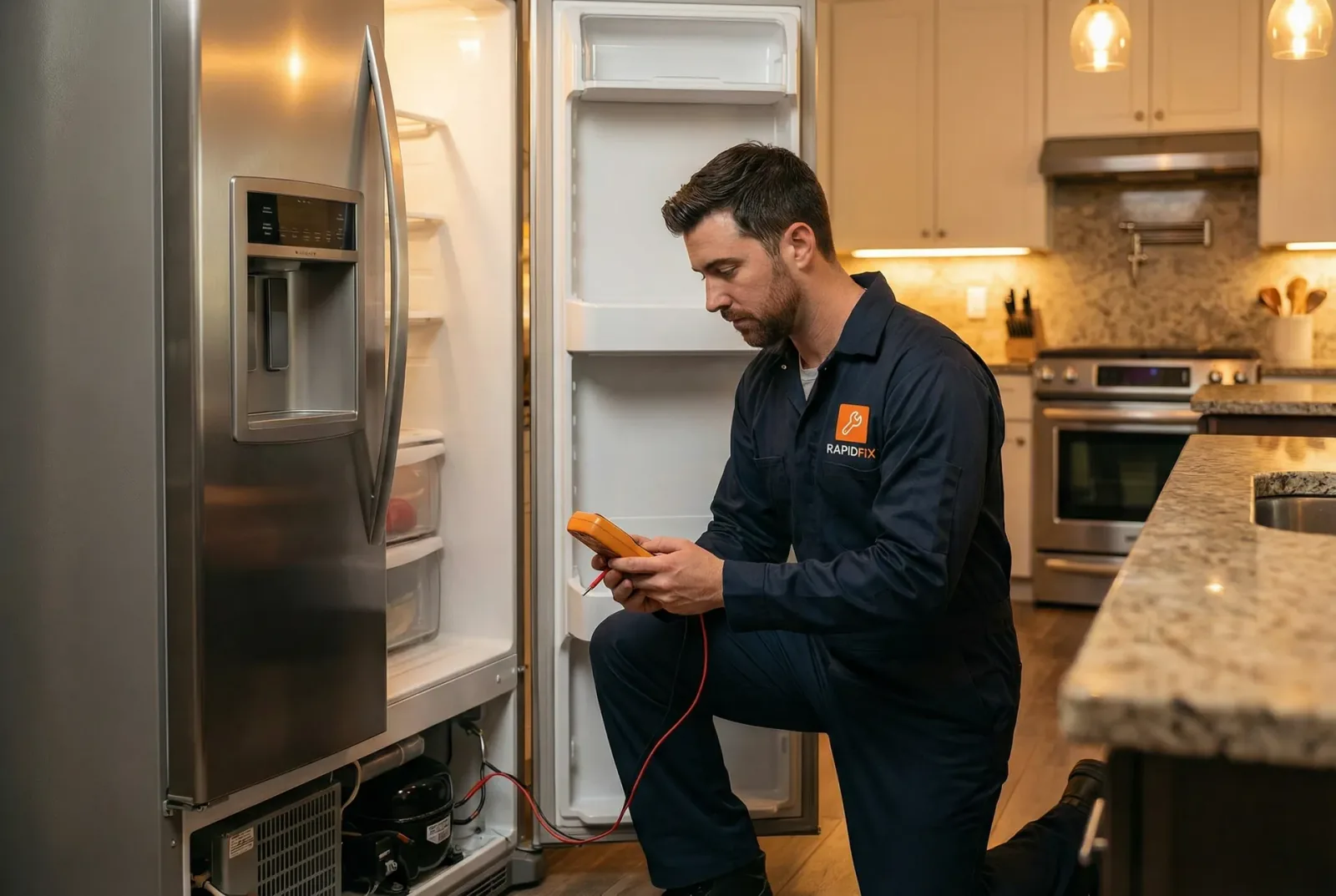 Technician working on a refrigerator compressor during appliance repair service